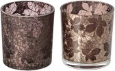 J-Line theelichthouder Bladeren Gekraakt - glas - donkerbruin/beige - small - 2 stuks