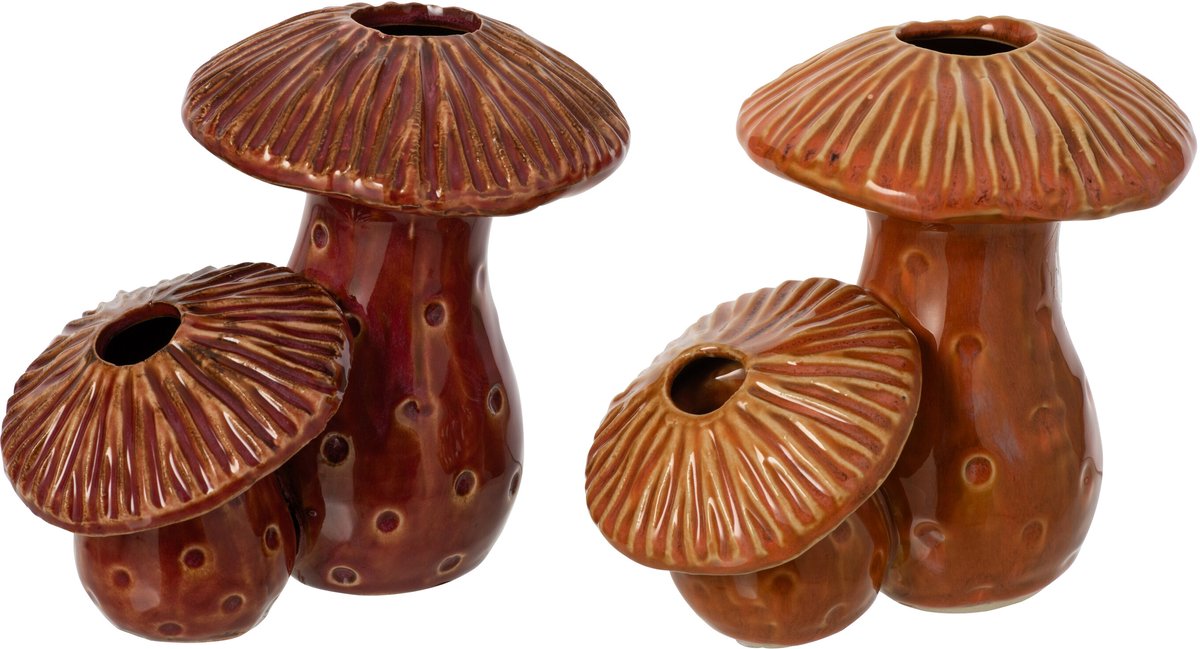 J-Line Vaas Mushrooms - steengoed - roest/oranje - medium - assortiment van 2 Bruin