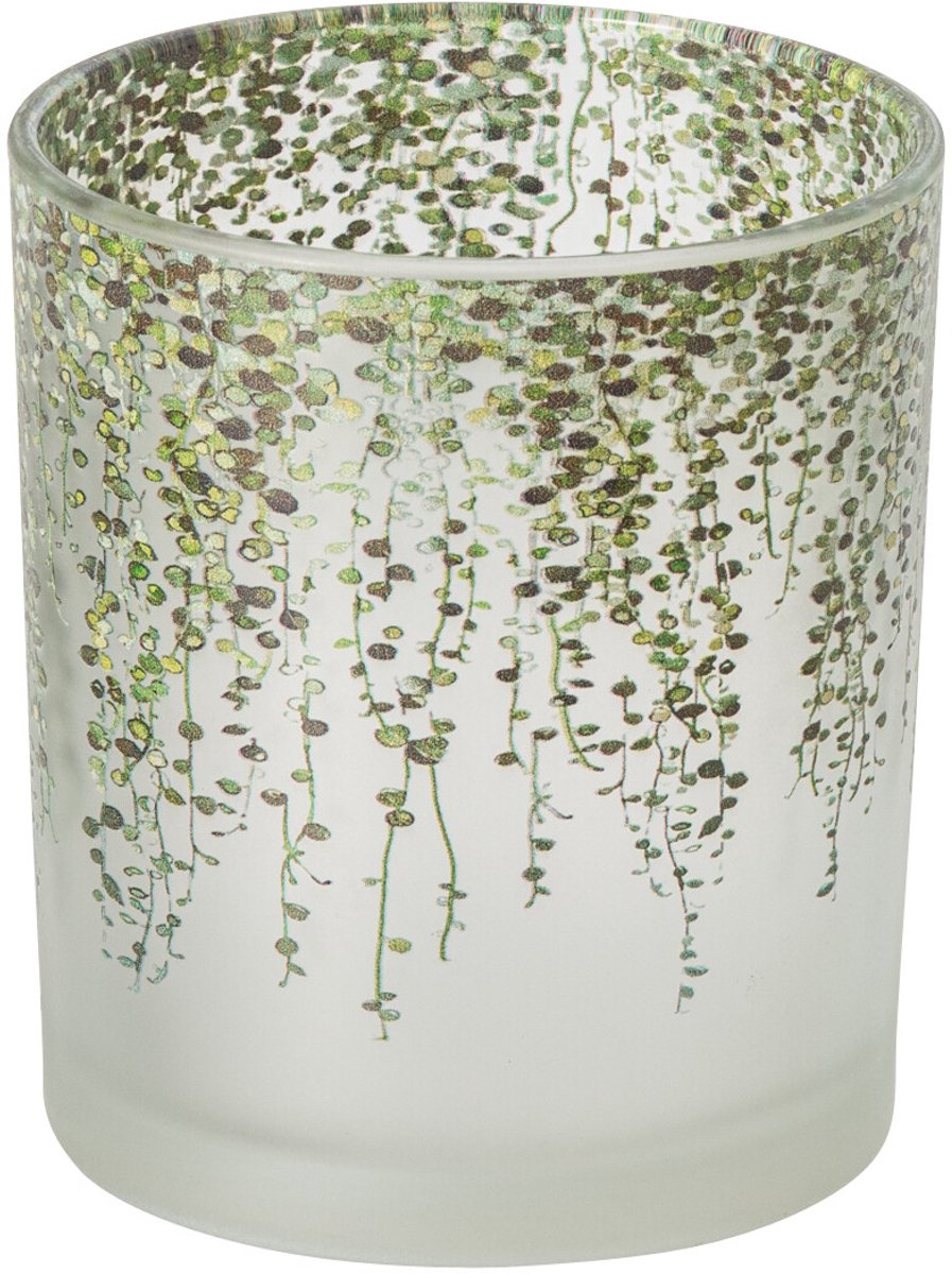 J-Line Cilindervormig windlicht met bladeren - glas - donkergroen/transparant - small - set van 2