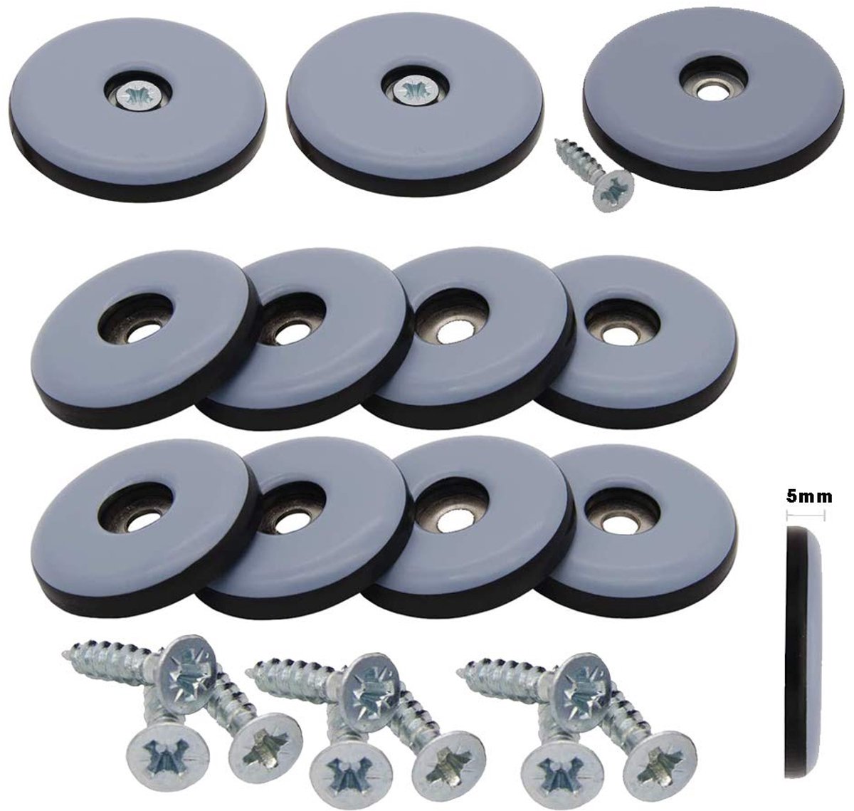 Meubelglijders, vloerbescherming, grijs, Ø 25 mm, – 5 mm dik incl. schroef 3,5 mm x 20 mm | PTFE coating | teflon glijders | meubelglijders | stoelglijders
