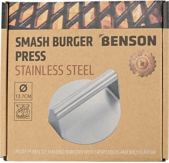Benson Smash Burger Press, RVS, met opdruk "SMASH BURGER PRESS STAINLESS STEEL" en "Ø 13.7CM".