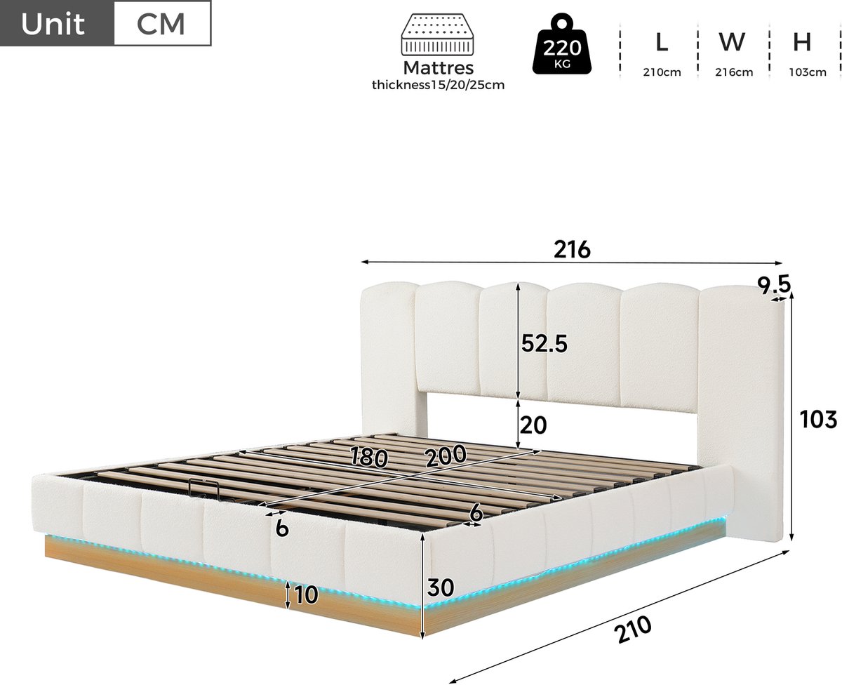 Polsterbed 180x200cm met LED en Stauraum - White Bouclé - Doppelbett