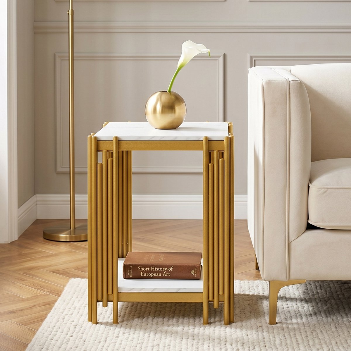 Nachtkastje Wit Goud - Marmerlook Bijzettafel Met 2 Planken - Luxe Metalen Frame - Voor Slaapkamer En Woonkamer