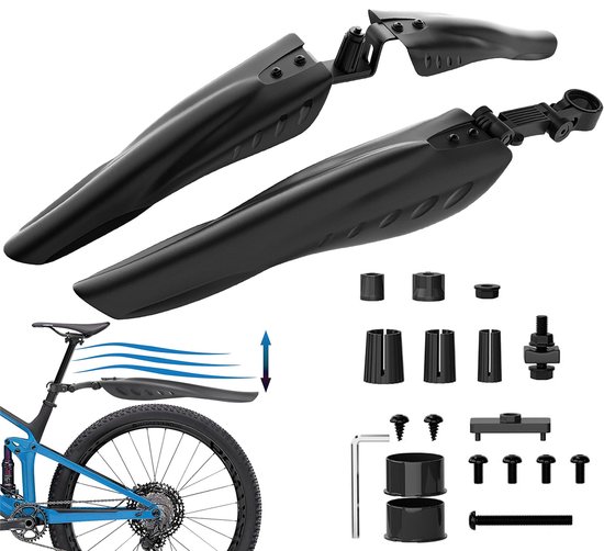 Set van zwarte voor- en achterspatborden voor de fiets, met montageonderdelen en een illustratie.