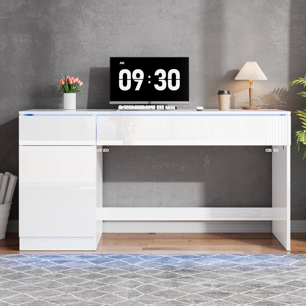 Hochglanz Schreibtisch LED Verlichting - White 120x50 cm - 2 Schubladen 1 Deur - Modern Homeoffice Schlafzimmer