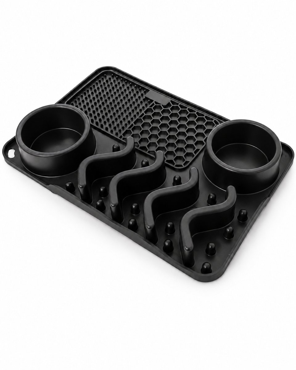 ZoeZo Likmat Hond 31 x 21 cm - Snuffelmat - Antischrokbak - Voerbak met Waterbak en Zuignappen - Anti-slip bodem - 4-in-1 - Siliconen - Zwart thumbnail 3
