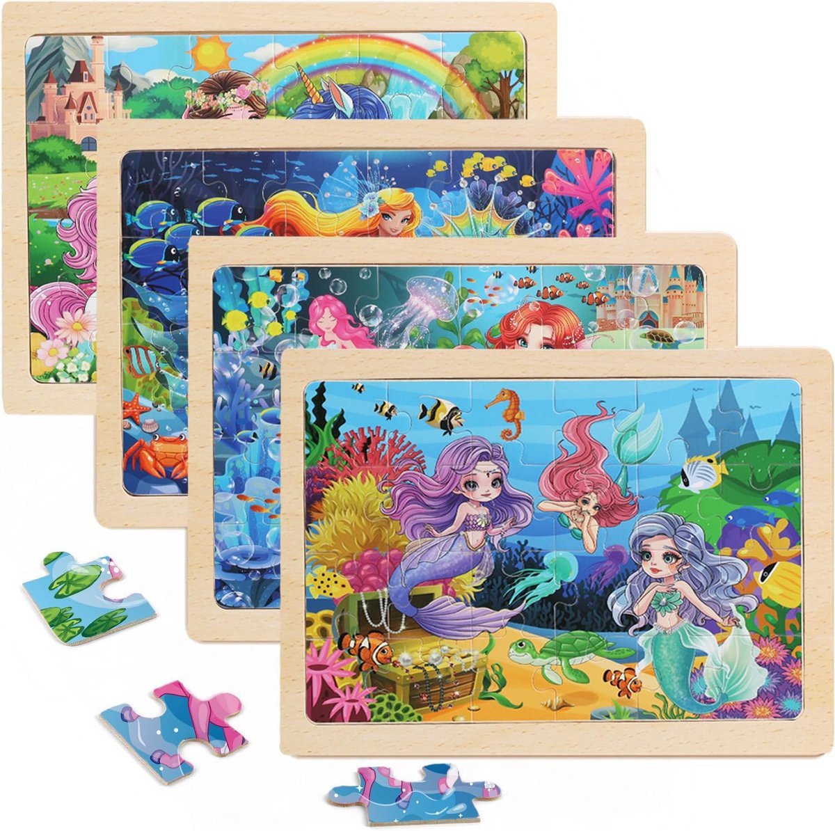 Casalora Puzzel kind Houten Zeemeermin - 4 Sets 24 stukjes Legpuzzels -Educatief Speelgoed voor Kinderen 3-6 Jaar – Kinderpuzzel