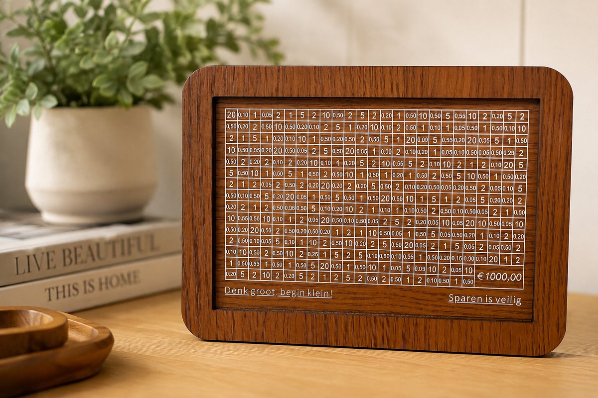 ZoeZo Spaarpot - Aftelspaarpot met Spaardoel van €1.000 - Houten Spaarpot met Afstreeplijst - Munten en Briefgeld - 17 × 7 × 12,5 cm
