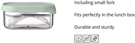 Boîte à pain transparente avec couvercle vert pâle, incluant une petite fourchette.