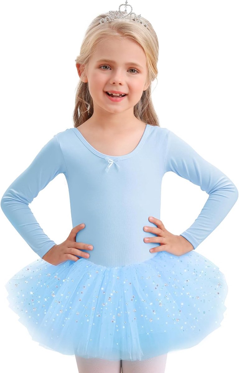 Balletjurk met lange mouwen, tutu-jurk, balletjurk met pailletten, balletpakje met tutu-rok, 2-9 jaar