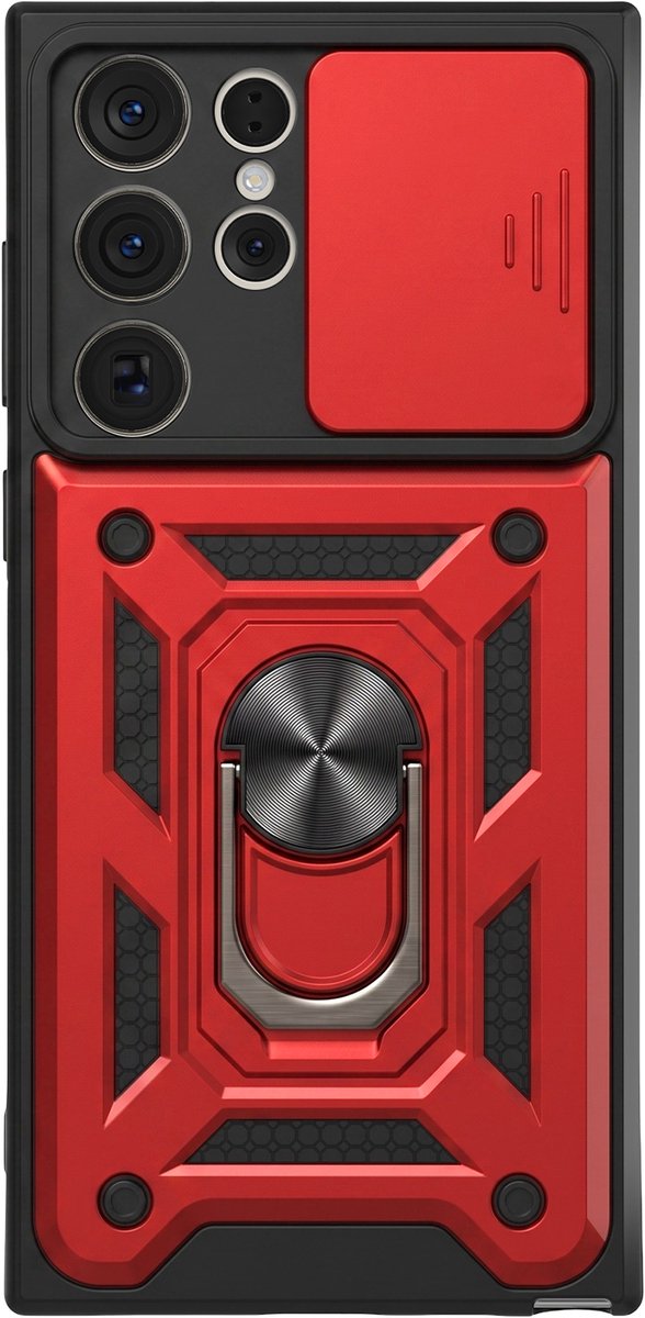 Mayaxess, Hoesje geschikt voor Galaxy S23 Ultra met Schuifbare Camerabescherming en Magnetische Ring, Rood