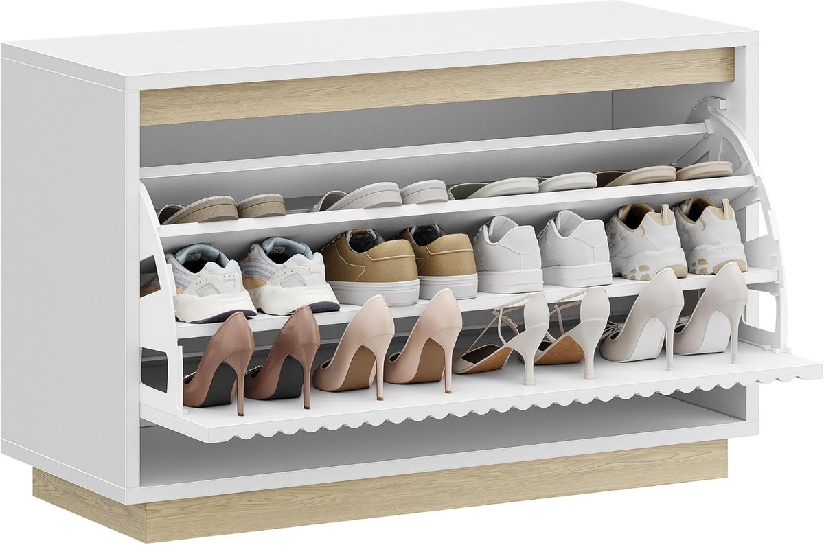 Hzuaneri Schoenbank met zitvlak, schoenenkast met kantelen, ruimtebesparend schoenenrek, 12 vakken, uitneembare planken, woonkamer, hal, ingang, 30 x 75 x 53 cm, wit