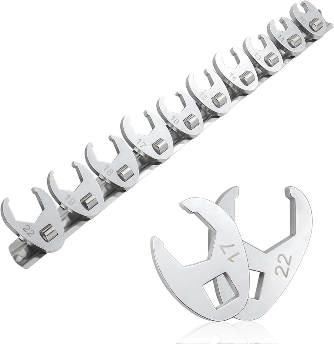 10-delige kraaienvoetsleutelset, 10-22 mm metrisch koppel-vorksleutel, 3/8 inch aandrijving, vierkante kraaienvoetsleutel met opbergrail, koppelsleutel voor kleine ruimtes