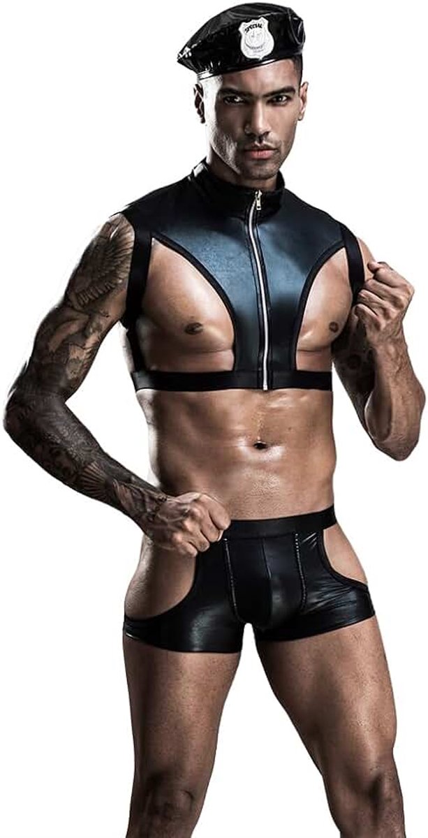 Heren Mode Sexy Ondergoed Politie Kostuum Outfit Lingerie, Zwart, L