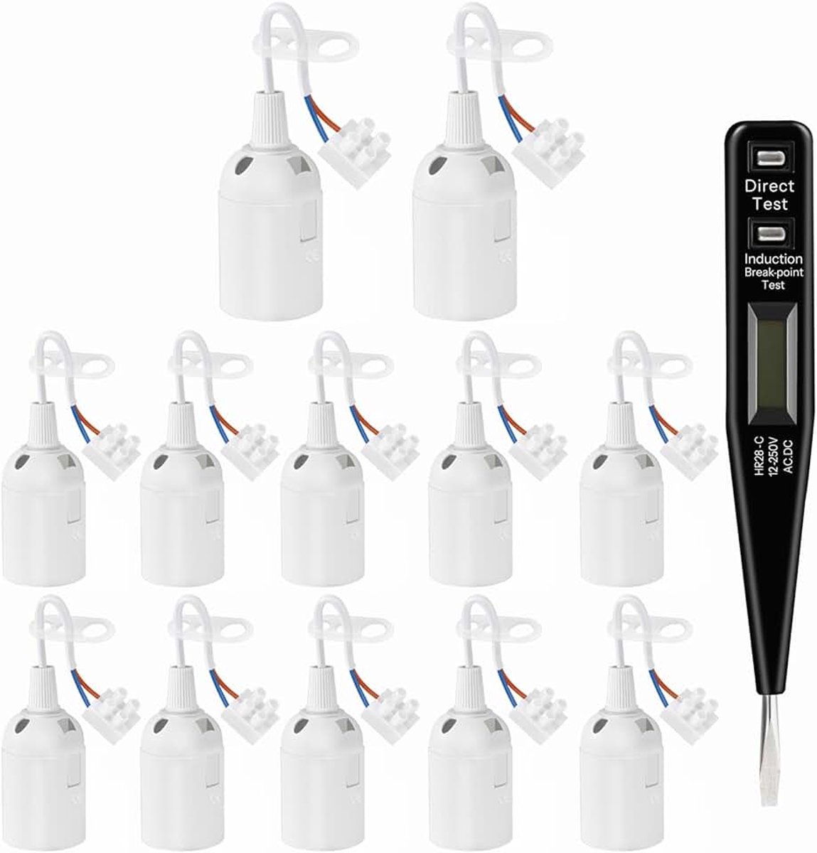 Witte bouwfitting, lampfitting, renovatiefitting fitting met VDE-spanningstester, 250 V 4 A E27 reserve fitting max. 60 W, bouwplaatsfitting fitting E27 voor bouwwerkzaamheden keuken woonkamer