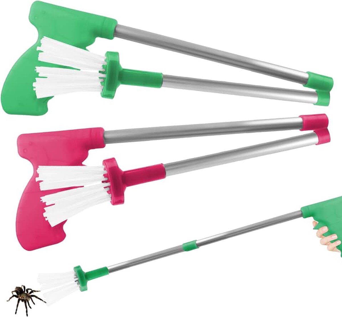 Extra lang, 80 cm: 2 stuks insectenvanger met handvat, handgehouden spinnenvanger, opvouwbare spinnenvanger, spinnengrijper voor veilig vangen en verwijderen, groen + rozenrood