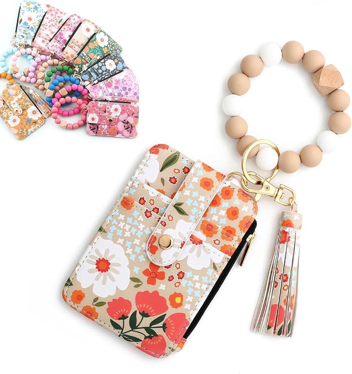 Boho-Portemonnee voor dames met bloemenpatroon, Boho-stijl sleutelhanger voor dames met kralen en kwastjes, Kaartenetui (Khaki)