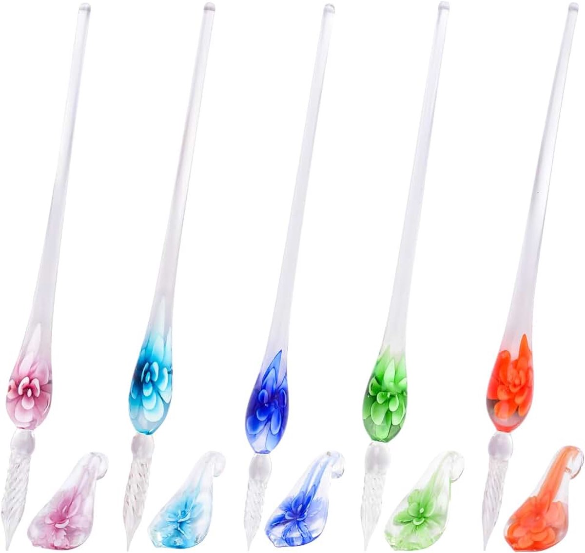Handgemaakte Gebrandschilderd Glas Dip Pen, 5 Stks 7.2 ''Kleurrijke Crystal Bloem Pen Kit met Houders Rainbow Crystal Pen voor Kunst, Handtekening, Schrijven, Tekenen, Belettering