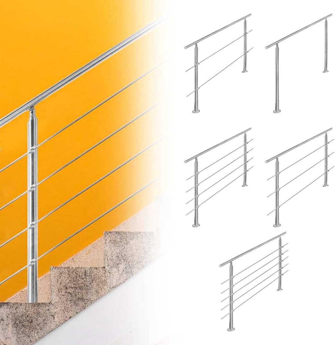 Stalen leuning, reling voor trappen, lengte: 160 cm, voor trappenhuis binnen en buiten, balustrade, trappen zonder dwarsbalken