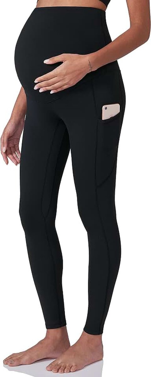 Leggings Over The Belly Pregnancy Yoga Pants with Pockets Soft Active Wear Work Pants Black X-Large