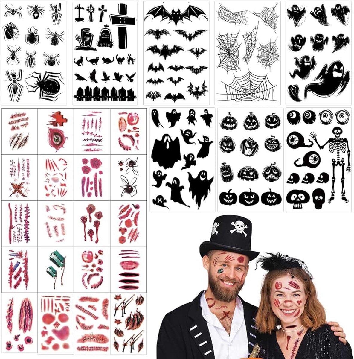 Tijdelijke tatoeages, Halloween spinnen vleermuis tattoo, realistische & last long cosplay stickers voor Halloween horror night maskerade cosplay themafeest carnaval accessoires