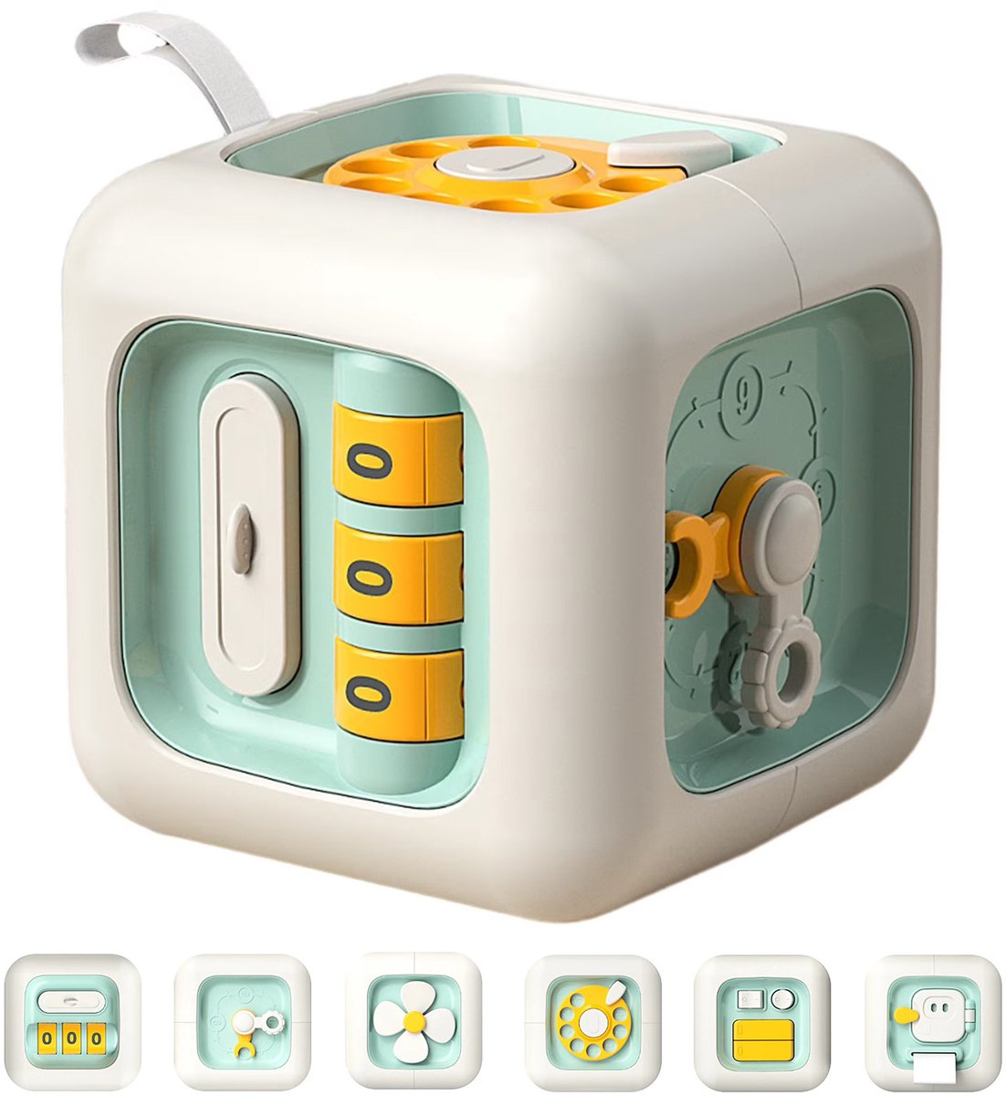 Montessori Busy Cube voor Baby's & Peuters - 6-in-1 Educatief Speelgoed - Fijne Motoriek & Zintuiglijke Ontwikkeling - 8.5 cm - Groen