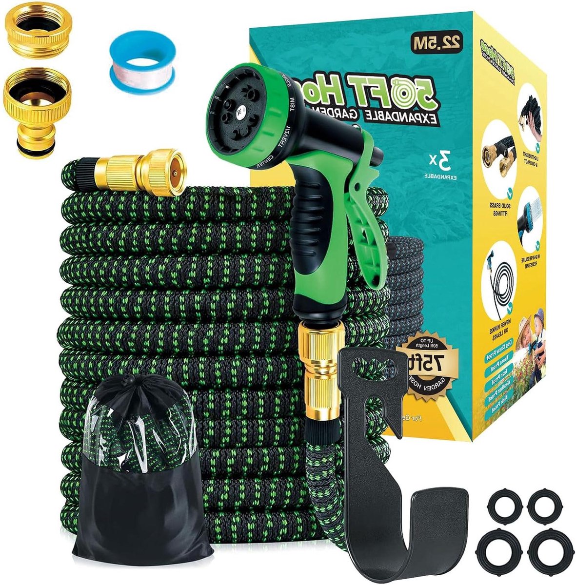 Tuinslang - Flexibele slang - Tuin sproeien - 3x uitrekbaar - 225 meter - Groen