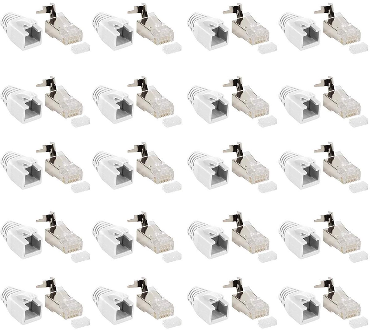 Set van 20 RJ45-netwerkstekker CAT 7A, CAT 6A, CAT7, wit tot 10 Gigabit krimpstekker, modulaire connector, knikbescherming, hoes, installatiekabel, netwerk, LAN cat7, cat8.1, AWG23, invoerhulp
