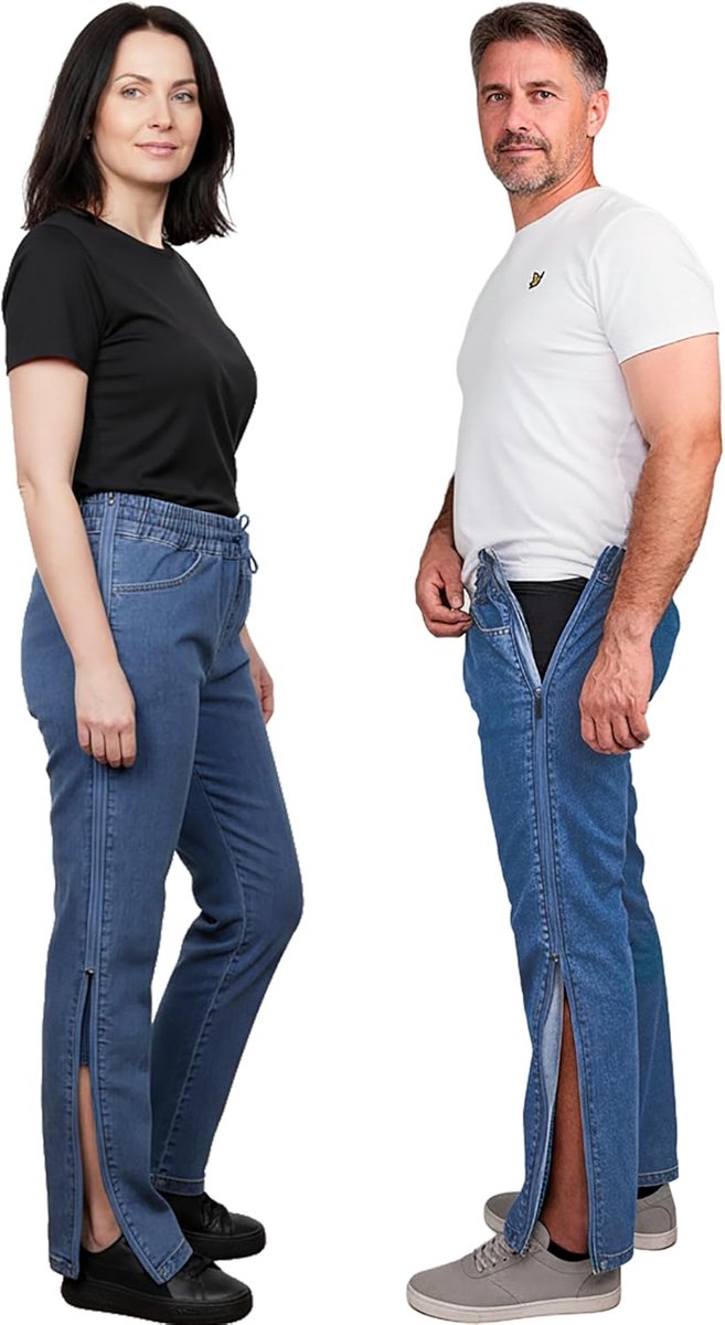 Reha Broek voor dames en heren, adaptieve jeans met doorlopende ritssluiting, elastische tailleband, kort en normaal, XS-5XL