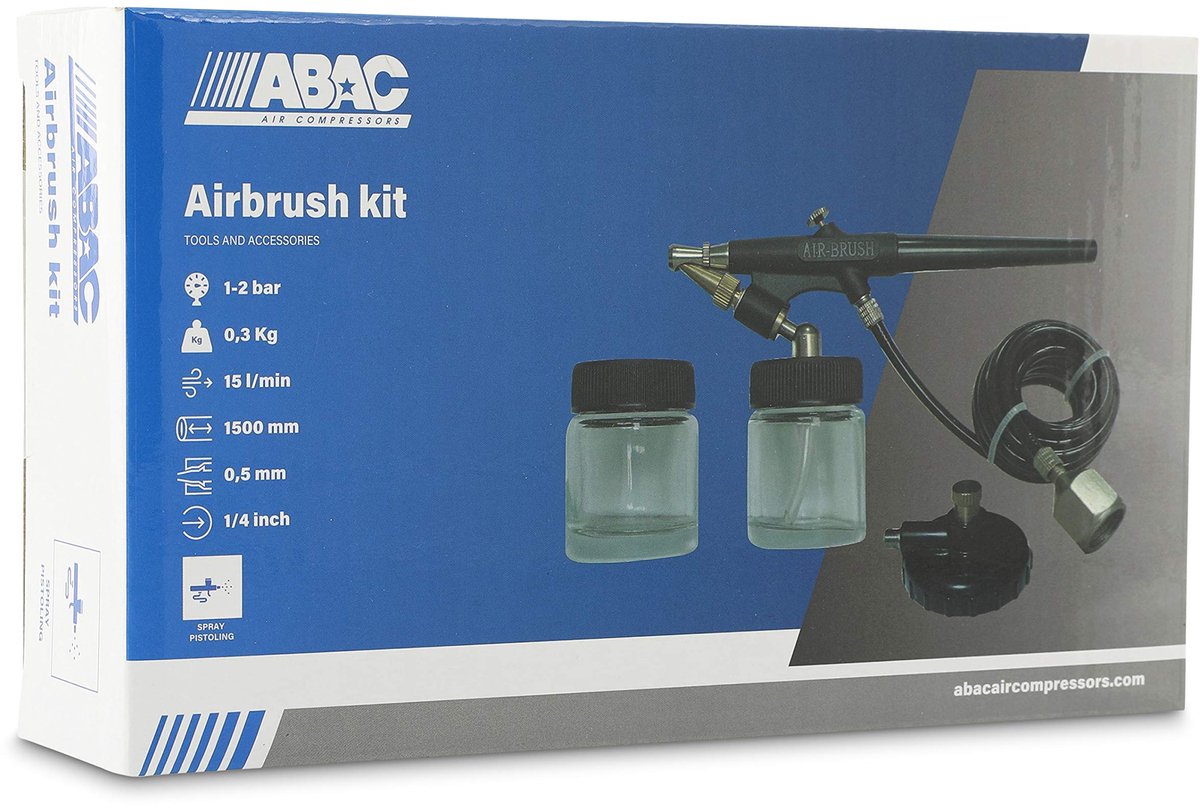 SnelShoppen - ABAC G-520 Airbrush-kit, klein persluchtpistool met 2 verfreservoirs, 1,5 m slang, persluchtkoppeling, zwart voor verfprojecten en hobby
