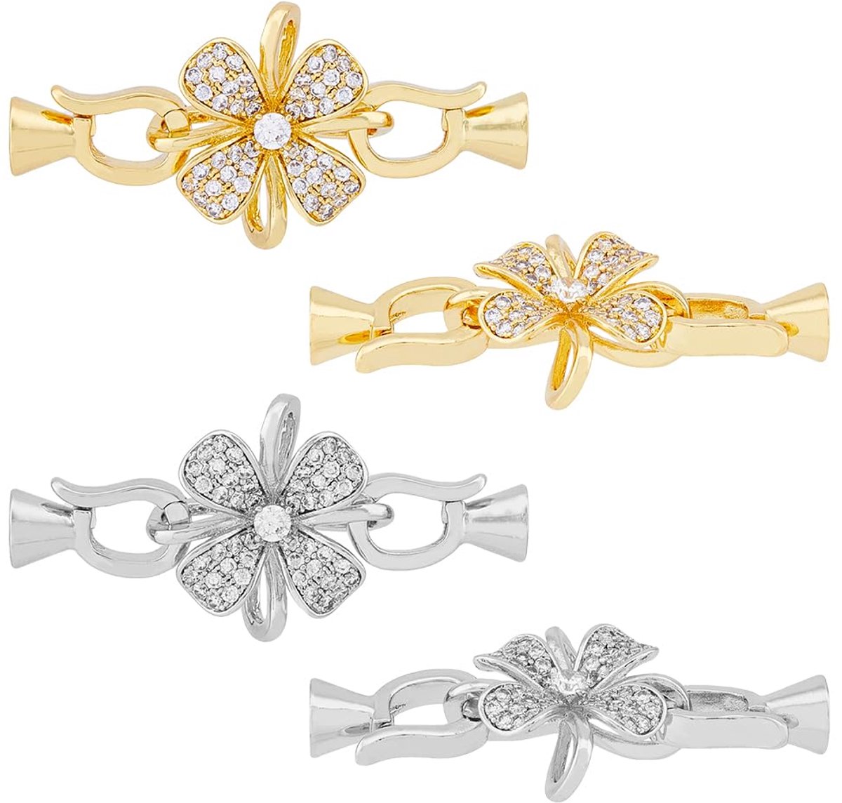4 Stks 2 Kleuren Messing Pave Cubic Zirconia Vouw Over Sluitingen Gouden Zilveren Bloem Extender Sluiting Sluiting Zeshoek Eindkappen voor Armband Ketting Sieraden Extender