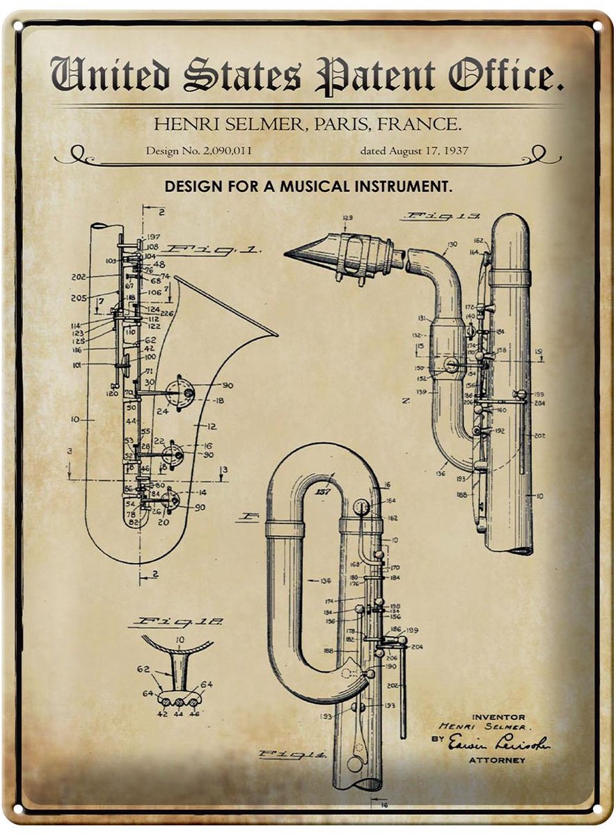 Blechschild Patent 30x40 cm Entwurf für ein Saxophon Deko Schild