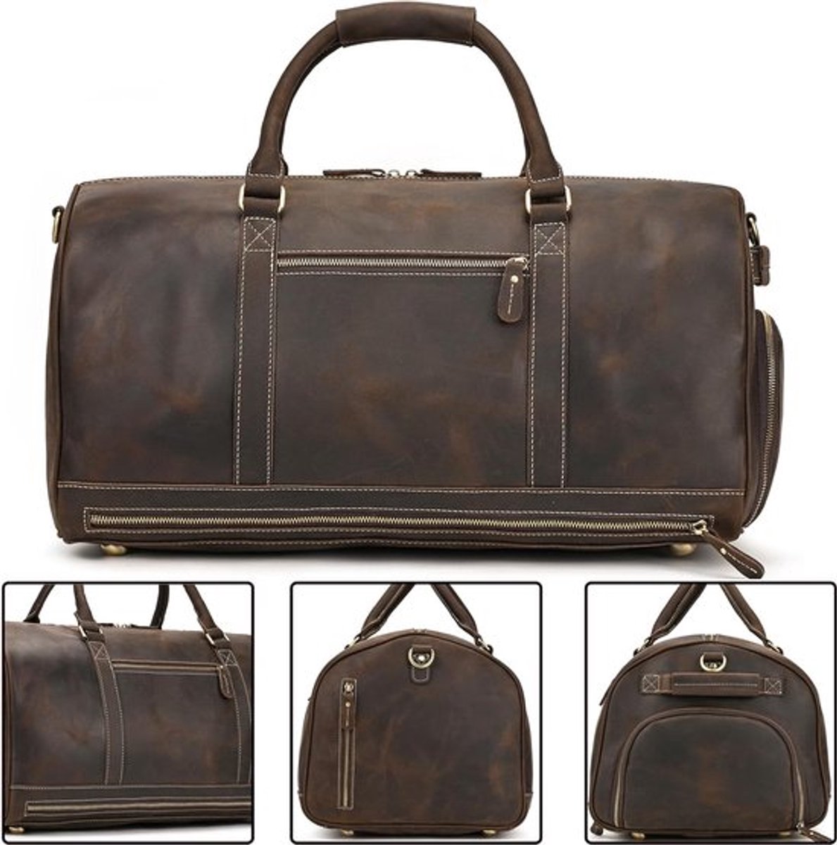 Leren Weekendtas voor Mannen, Vintage Reisbagage voor Handbagage, Echt Koeienleer, Sporttas in Donkerbruin en Lichtbruin, Retro Stijl, Ideaal voor Korte Trips