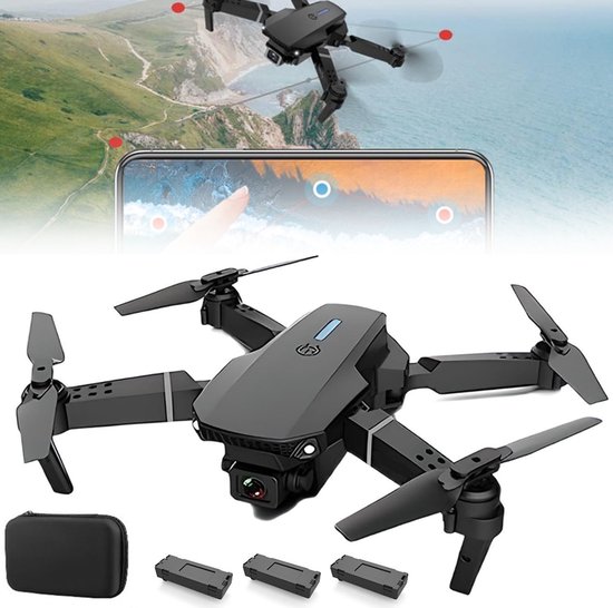 Zwarte opvouwbare drone, vliegend boven kliffen, met 3 extra batterijen en opbergcase.
