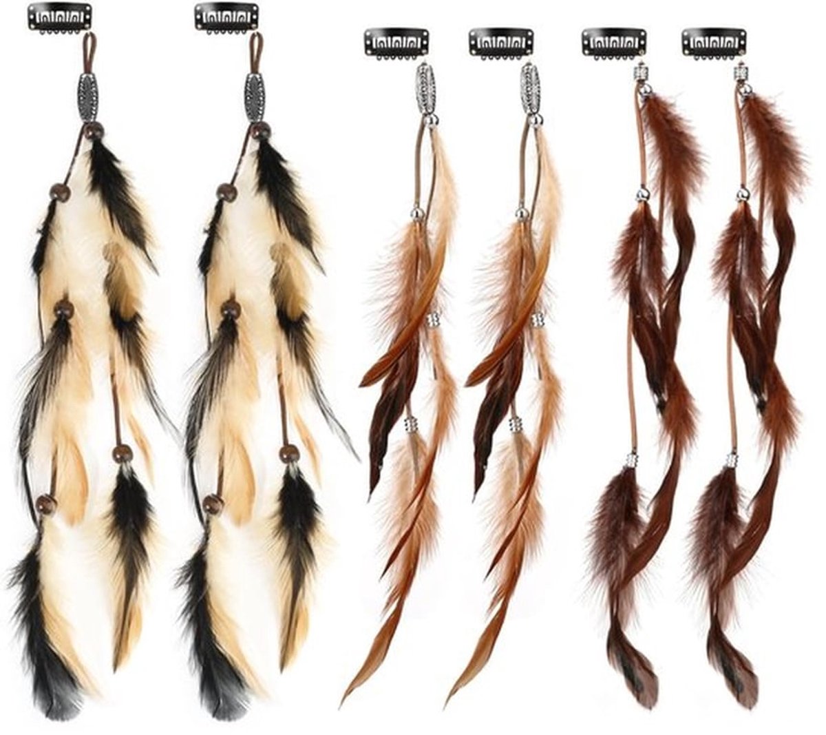 Gouden kroon - Haaraccessoires - Veer haarextensions - Boho-hoofdtooi - Bruin, kaki, zwart - Cosplay accessoires - Geschikt voor carnaval - 6 stuks