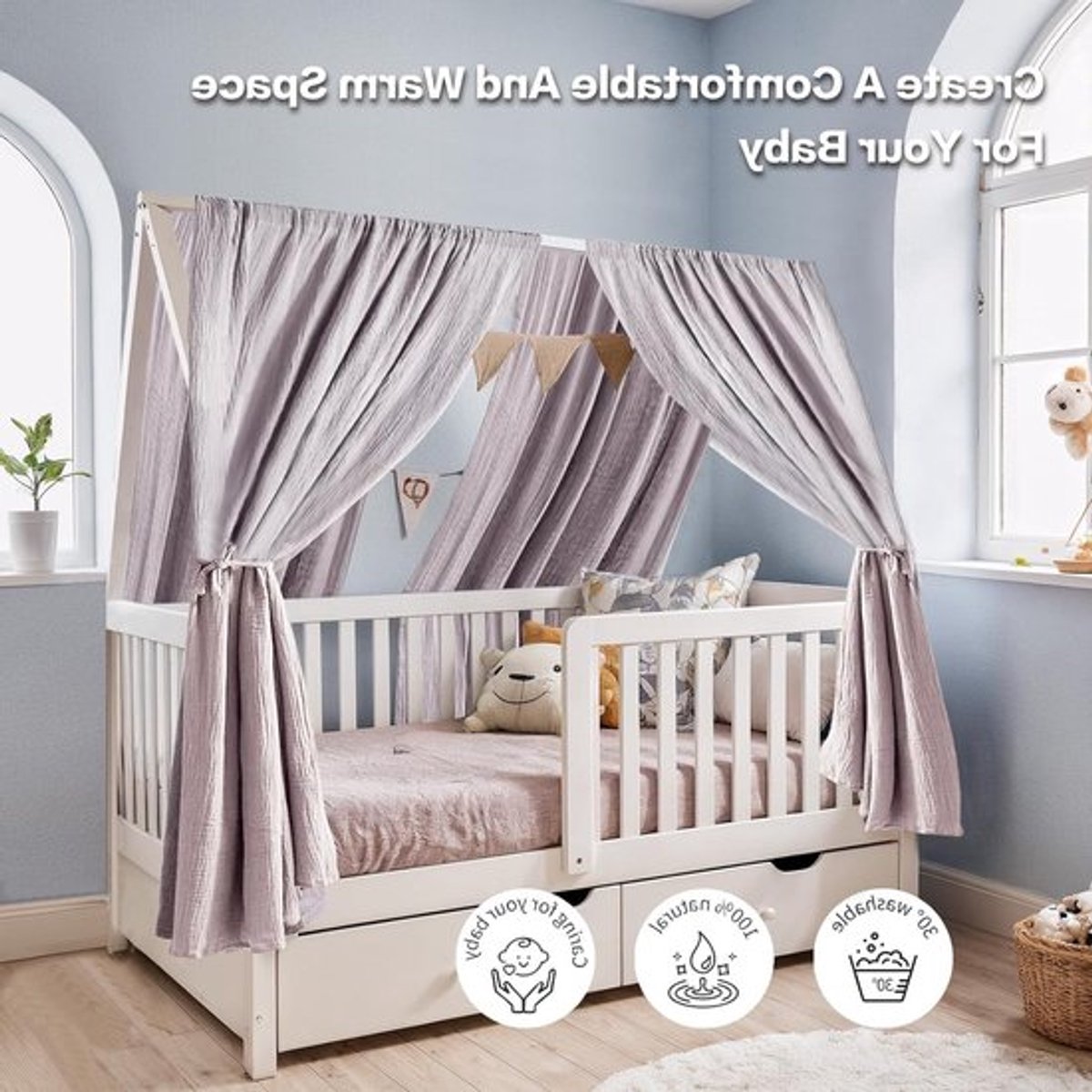 Handgemaakte Bedtent met Gouden Applicaties van 100% Katoen Muslin, Perfect voor Kinderbeddecoratie, Geschikt voor Jongens en Meisjes (Wit, Set van 2, 65 x 320 cm)