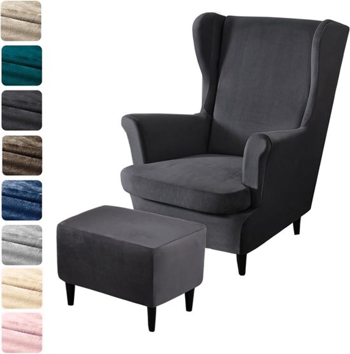 3-delige Oorrecliner Hoofdkussenhoes met Voetensteunhoes - Rekbare Fluwelen Stoelhoes voor Hoge Rug en Armleuningen - Donkergrijs, Comfortabel en Stijlvol