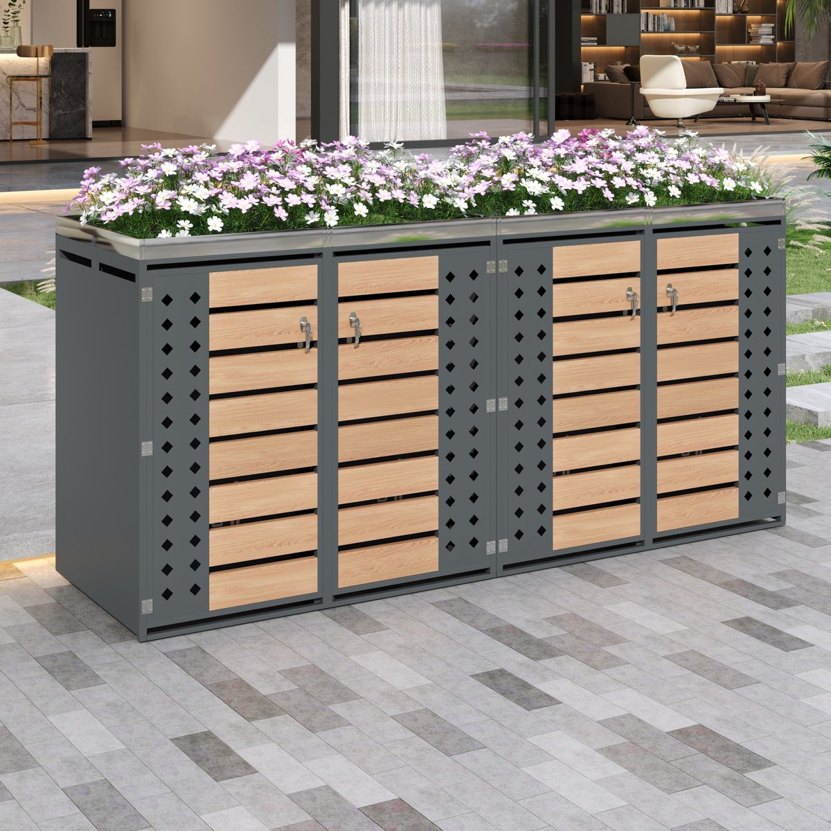 Containerberging Afsluitbaar 4 Containers 132 X 80 X 124,5 Cm Gegalvaniseerd Staal Grijs Houtlook Voor Tuin Met Geïntegreerde Plantenbak