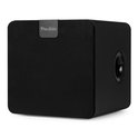 Zwarte Audizio SW80D subwoofer met aan de zijkant een ronde poort en een grijze Audizio logo-clip.
