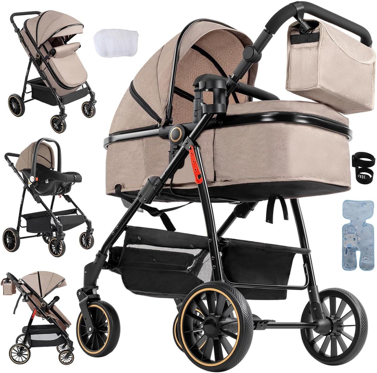 3-in-1 kinderwagen - Baby reizen - Comfortabel reizen - Omkeerbaar zitje - 84 x 58 x 100 cm - Kaki