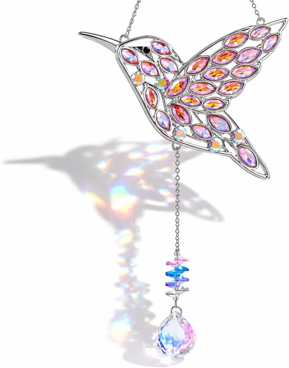 Kolibri-zonnevanger met kristallen ketting, zonnevanger, kristallen raam, hangende suncatcher, voor ramen, balkon, terras, huis en tuin