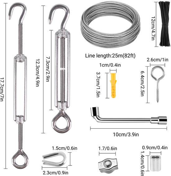 Stalen Staalkabelset 25m 3mm, Staalkabel Met M5 Ogen, Kabelspanner, Spanslot, Spandraad, Pvc-Ommanteld Voor Klimplanten, Hekken, Lichtophanging, Waslijn — afbeelding 5
