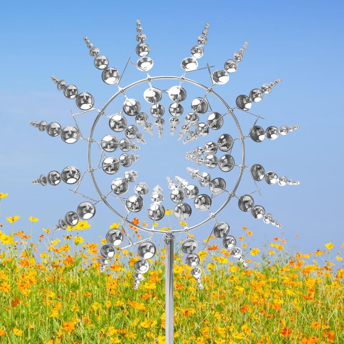 Windmolen voor de tuin, metaal, magische windmolen, 3D, unieke en magische metalen windmolen, windspinner voor buiten, windspinner, metalen vanger, tuinsteker, windgong voor de tuin (zilver)