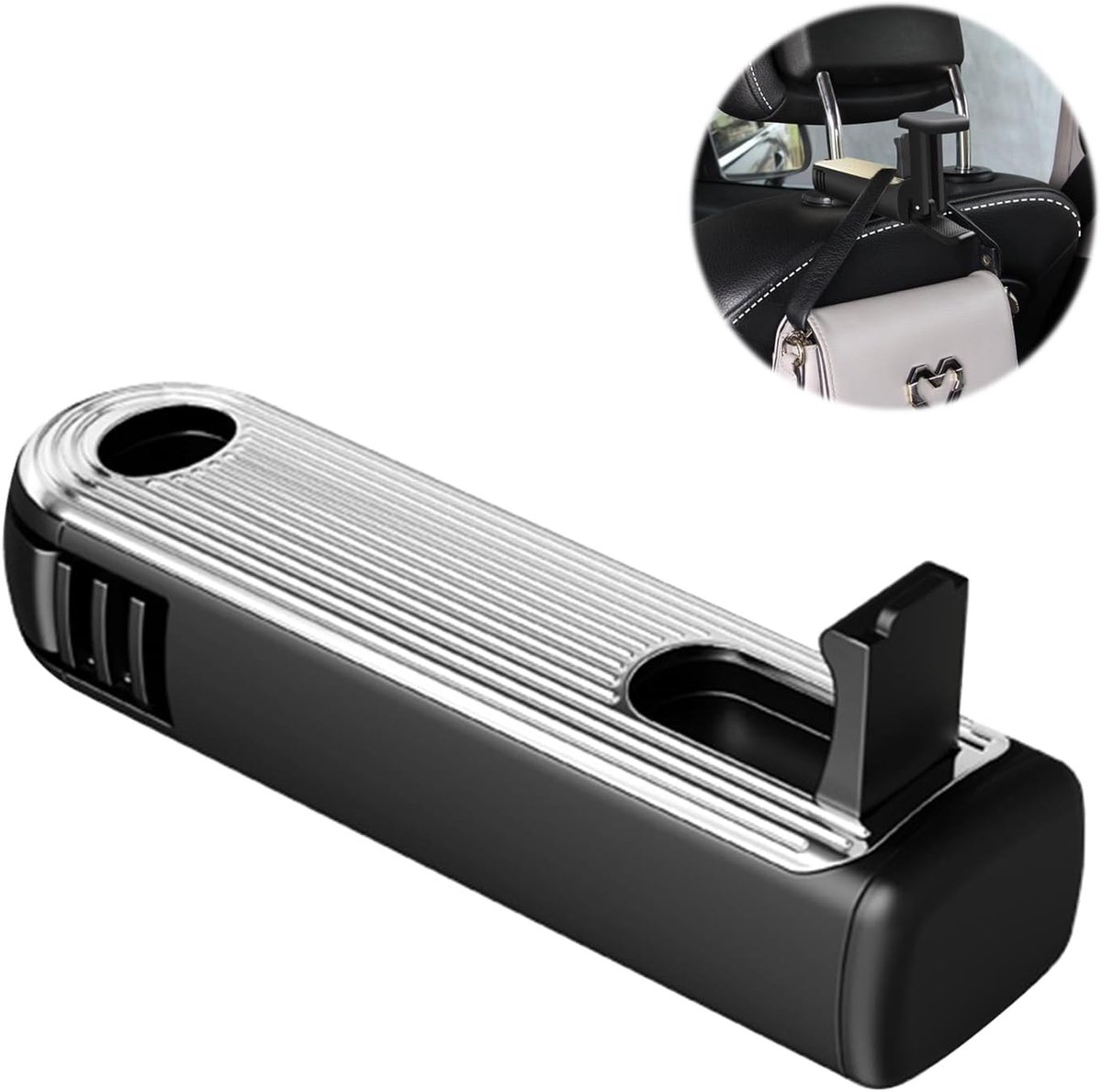 Hoofdsteunhouder, autohaak, 2-in-1 hoofdsteunhaak met telefoonhouder, autohandtashouder organizer voor tas, portemonnee, mobiele telefoon, zilver