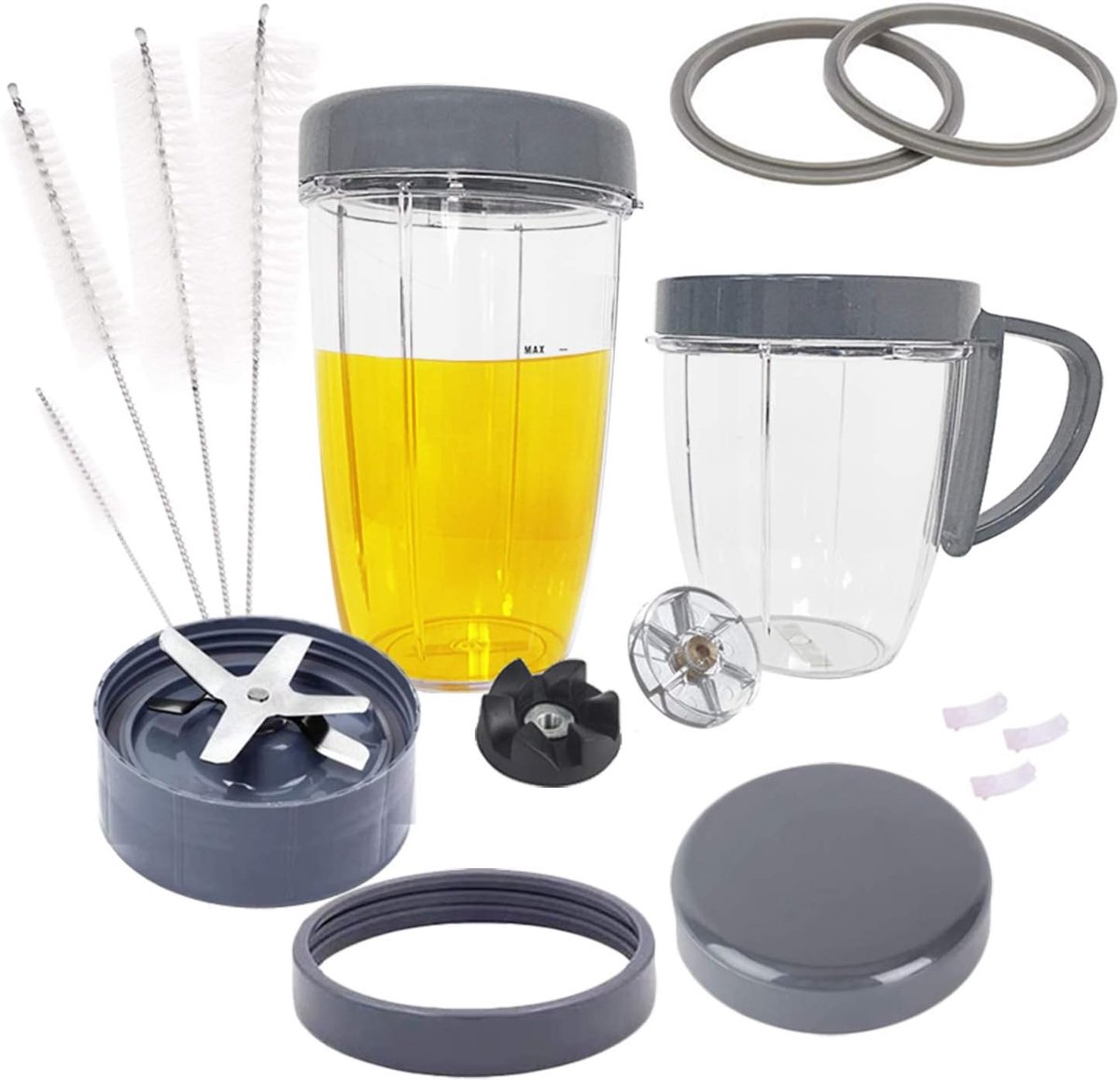 Vervangingsonderdelen voor NutriBullet, 2 kopjes, extractorblad, 2 hersluitbare deksels, 2 pakkingen, 2 tandwielen, 3 schokdempers, dekselring, dekselring met handvat & reinigingsborstel voor Nutribul