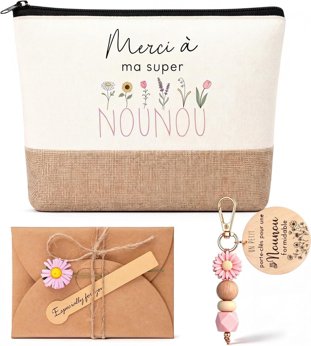 Cadeau voor Kleuterleidsters/Nanny's, Eindejaars/Contractcadeau, Sleutelhanger voor Make-Uptasje, Bedankje, Afstuderen, Kerstcadeau(NOUNOU)