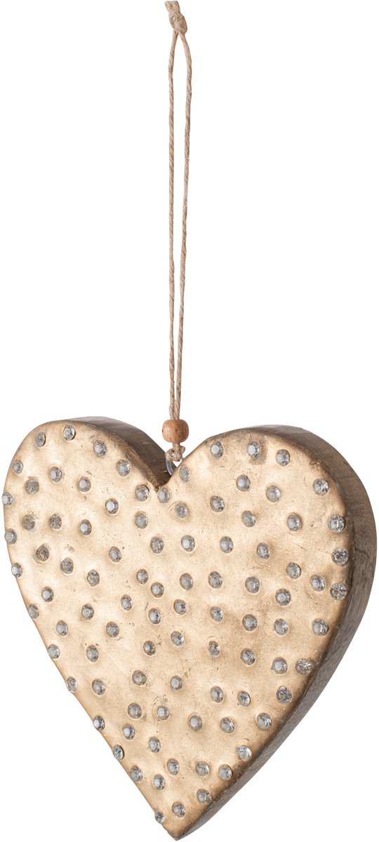 J-Line Hangend hart met strass - mangohout - naturel/goud - large - set van 4