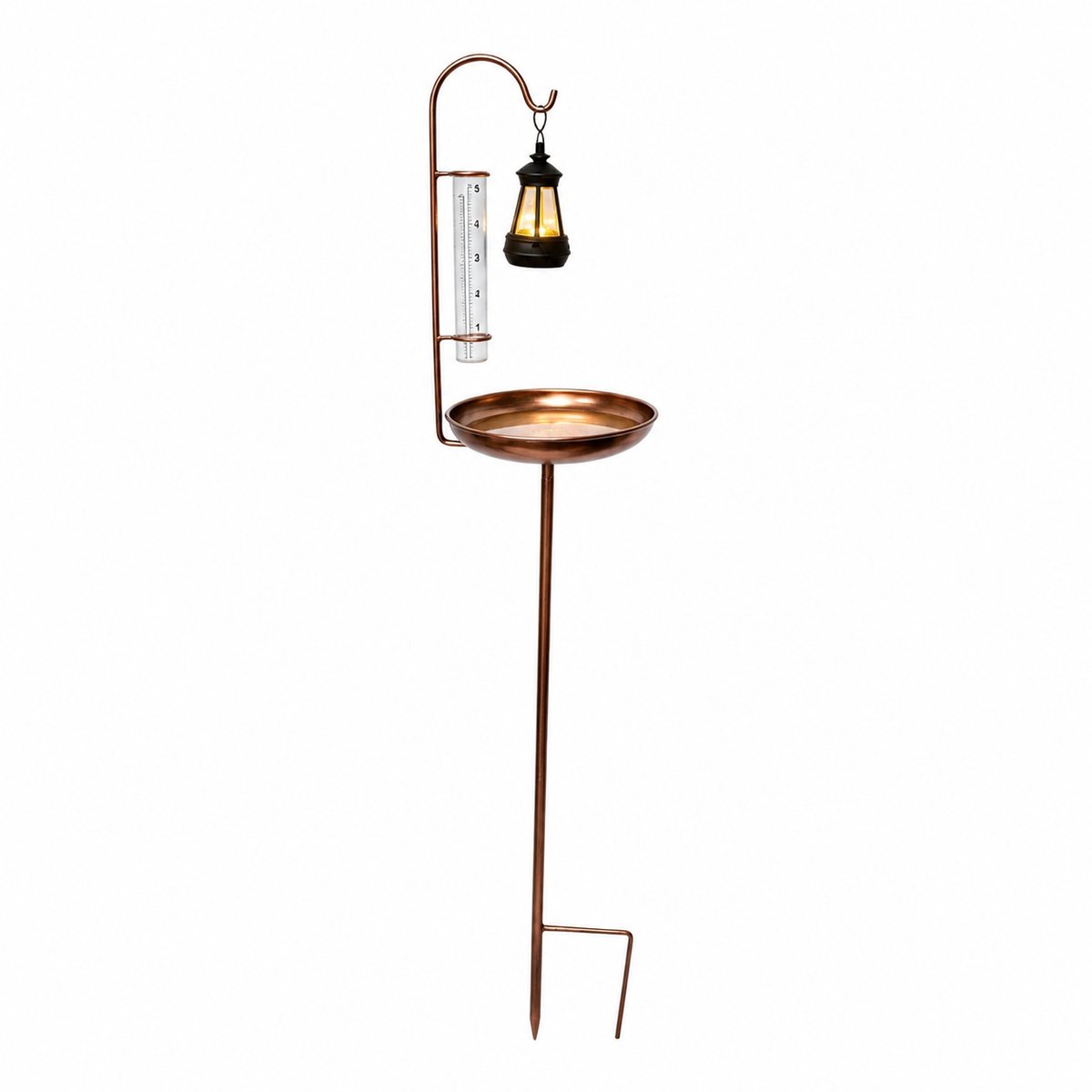 Regenmeter - 3-in-1 Solar Tuinsteker met Vogelbad en Tuinverlichting - Glazen Regenmeter 12 cm voor Tuin en Gazon - Antiek Brons Metaal