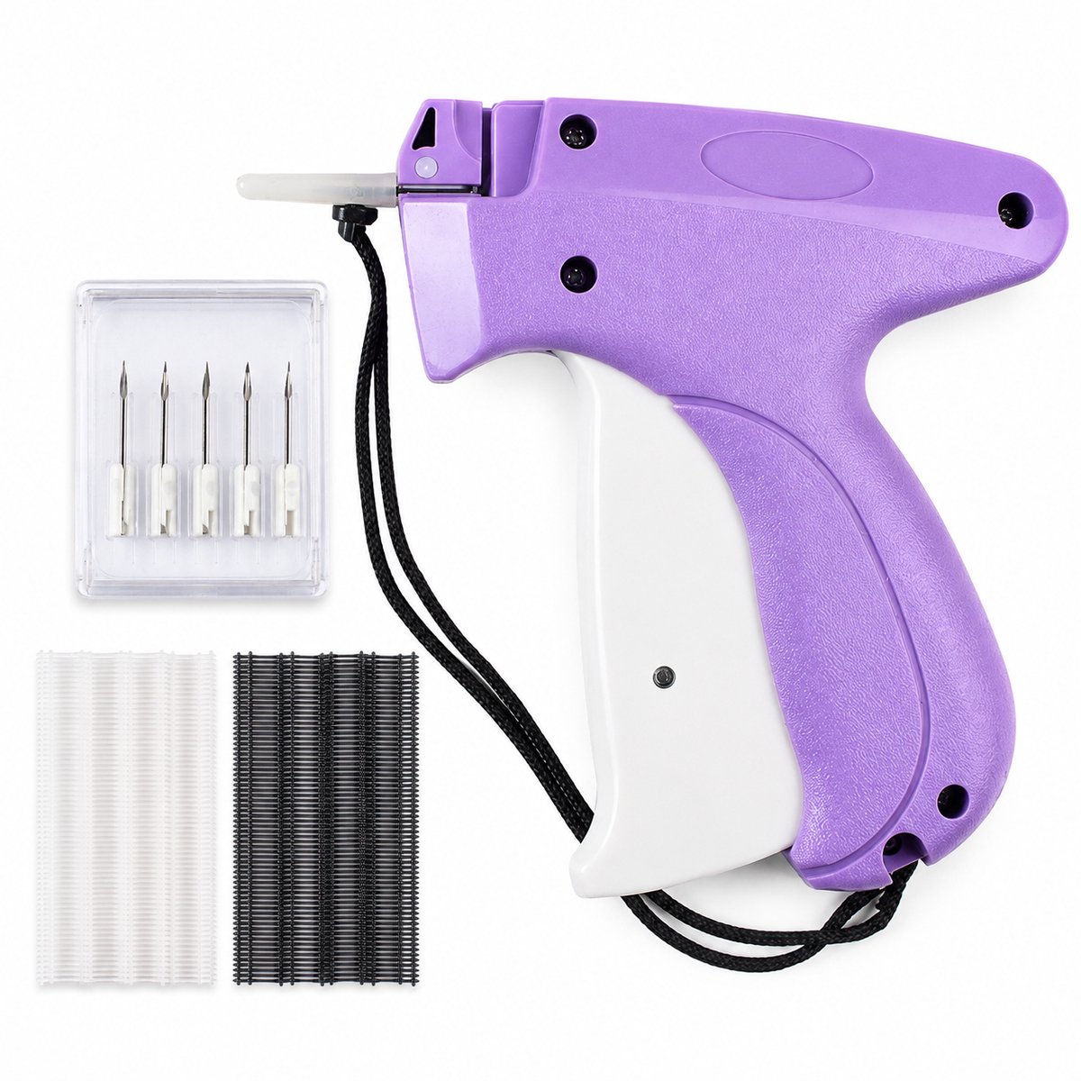 Kledingreparatiepistool — Handgereedschap en Snelgereedschap voor kledingreparatie — Draagbaar mini-naaigereedschap — Kledinglabelpistool — Paars en wit (inclusief 5 naalden + 5 mm zwarte en witte naalden met 1000 draden per stuk)