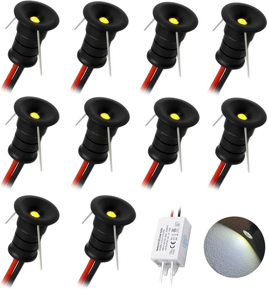10 stuks 12V 0,5W Mini LED Inbouwspot, IP65 Waterbestendige Kleine Inbouw Schijnwerper, 10mm Ronde Plintspot Kast Vitrine Display Keuken Trap Badkamer Nis (Zwart Koud Wit)